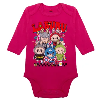 Labubu superheroes, Μακρυμάνικο βρεφικό φορμάκι, 0-18 μηνών, ΡΟΖ, 100% Organic Cotton