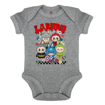 Labubu superheroes, Βρεφικό φορμάκι μωρού, 0-18 μηνών, ΓΚΡΙ ΜΕΛΑΝΖΕ, 100% Organic Cotton, κοντομάνικο