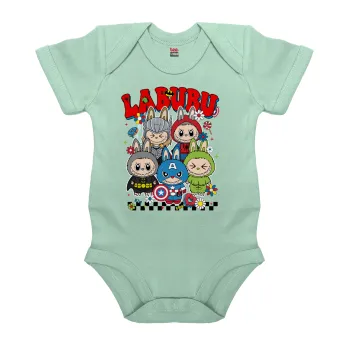 Labubu superheroes, Βρεφικό φορμάκι μωρού, 0-18 μηνών, mint (Μέντα), 100% Organic Cotton, κοντομάνικο