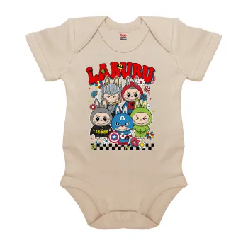 Labubu superheroes, Βρεφικό φορμάκι μωρού, 0-18 μηνών, Natural (Εκρού), 100% Organic Cotton, κοντομάνικο