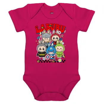 Labubu superheroes, Βρεφικό φορμάκι μωρού, 0-18 μηνών, ΡΟΖ, 100% Organic Cotton, κοντομάνικο