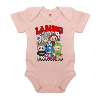 Labubu superheroes, Βρεφικό φορμάκι μωρού, 0-18 μηνών, ΡΟΖ POWDER, 100% Organic Cotton, κοντομάνικο