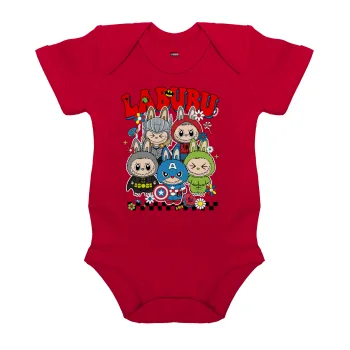 Labubu superheroes, Βρεφικό φορμάκι μωρού, ΚΟΚΚΙΝΟ, 100% Organic Cotton, κοντομάνικο