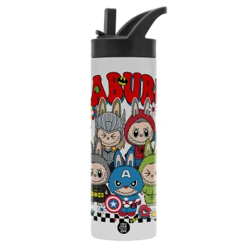 Labubu superheroes, Metallic thermos bottle with straw & handle, stainless steel (Stainless steel 304), double-walled, 600ml.