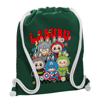 Labubu superheroes, Τσάντα πλάτης πουγκί GYMBAG BOTTLE GREEN, με τσέπη (40x48cm) & χονδρά λευκά κορδόνια