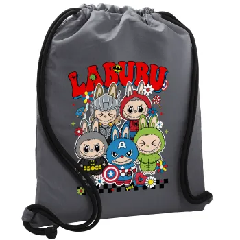 Labubu superheroes, Τσάντα πλάτης πουγκί GYMBAG ΓΚΡΙ, με τσέπη (40x48cm) & χονδρά κορδόνια