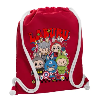 Labubu superheroes, Τσάντα πλάτης πουγκί GYMBAG Κόκκινη, με τσέπη (40x48cm) & χονδρά κορδόνια