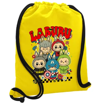 Labubu superheroes, Τσάντα πλάτης πουγκί GYMBAG Κίτρινη, με τσέπη (40x48cm) & χονδρά κορδόνια