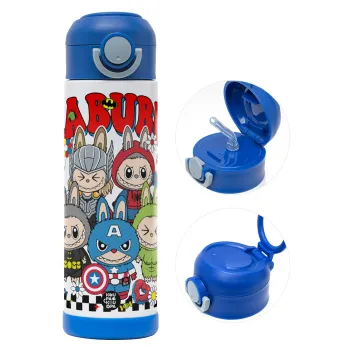 Labubu superheroes, Παιδικό παγούρι θερμό, ανοξείδωτο, με καλαμάκι ασφαλείας, ΜΠΛΕ (500ml)