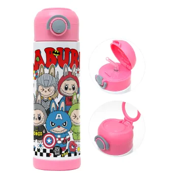 Labubu superheroes, Παιδικό παγούρι θερμό, ανοξείδωτο, με καλαμάκι ασφαλείας, ΡΟΖ (500ml)