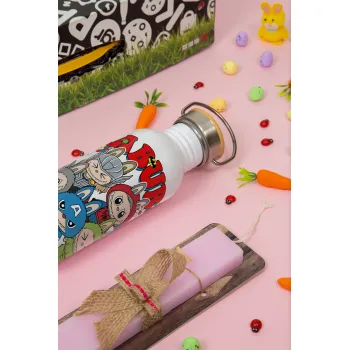 Labubu superheroes, Πασχαλινή Λαμπάδα με παγούρι μεταλλικό (620ml, stainless steel) & κερί αρωματικό πλακέ (30cm) (ΡΟΖ)