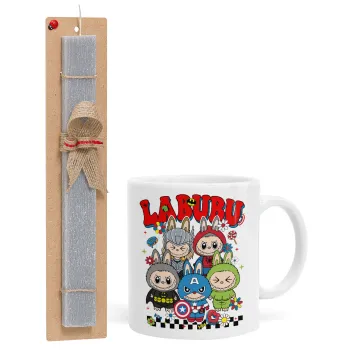Labubu superheroes, Easter Set, Ceramic Cup (330ml) & Easter aromatic flat candle (30cm) (GRAY)