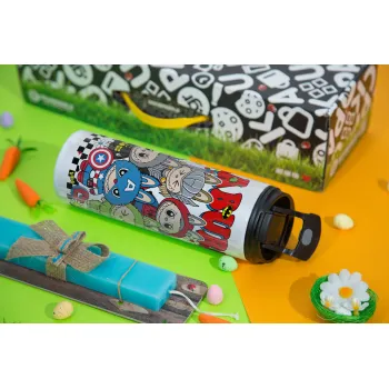 Labubu superheroes, Πασχαλινή Λαμπάδα με Travel Tumbler θερμό με διπλό καπάκι (600ml, BPA free) & κερί αρωματικό πλακέ (30cm) (ΤΙΡΚΟΥΑΖ)