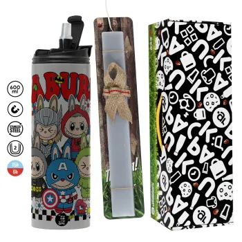 Labubu superheroes, Πασχαλινή Λαμπάδα με Travel Tumbler θερμό (600ml, BPA free) & κερί αρωματικό πλακέ (30cm) (ΓΚΡΙ)