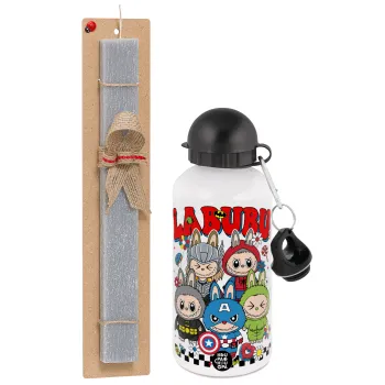 Labubu superheroes, Easter Set, metallic aluminum water bottle (500ml) & aromatic flat Easter candle (30cm) (GRAY)