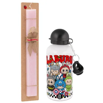 Labubu superheroes, Easter Set, metallic aluminum bottle (500ml) & aromatic flat Easter candle (30cm) (PINK)