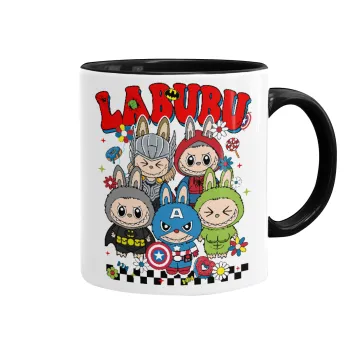 Labubu superheroes, Κούπα χρωματιστή μαύρη, κεραμική, 330ml