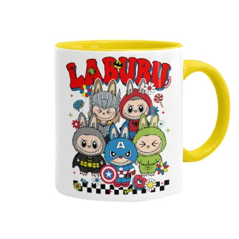 Labubu superheroes, Κούπα χρωματιστή κίτρινη, κεραμική, 330ml