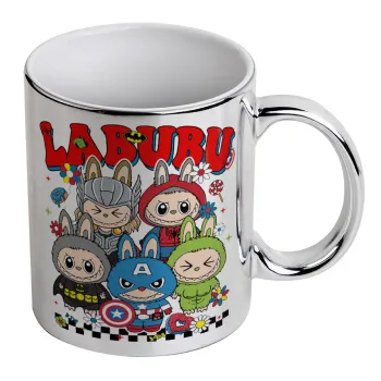 Labubu superheroes, Κούπα κεραμική, ασημένια καθρέπτης, 330ml