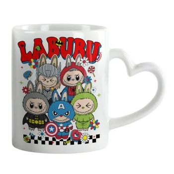 Labubu superheroes, Mug heart handle, ceramic, 330ml