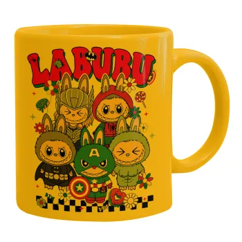 Labubu superheroes, Ceramic coffee mug yellow, 330ml