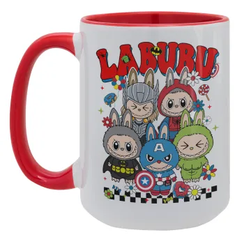 Labubu superheroes, Κούπα Mega 15oz, κεραμική Κόκκινη, 450ml
