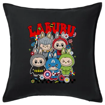 Labubu superheroes, Μαξιλάρι καναπέ Μαύρο 100% βαμβάκι, περιέχεται το γέμισμα (50x50cm)