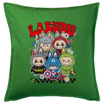Labubu superheroes, Μαξιλάρι καναπέ Πράσινο 100% βαμβάκι, περιέχεται το γέμισμα (50x50cm)