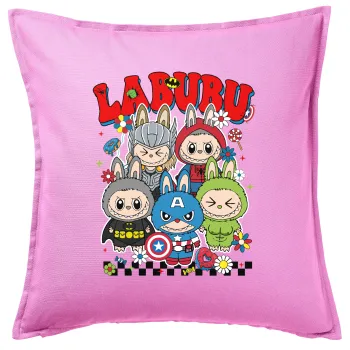 Labubu superheroes, Μαξιλάρι καναπέ ΡΟΖ 100% βαμβάκι, περιέχεται το γέμισμα (50x50cm)