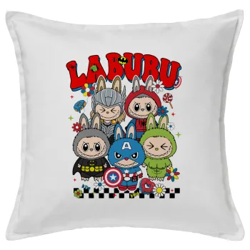 Labubu superheroes, Μαξιλάρι καναπέ ΛΕΥΚΟ 100% βαμβάκι, περιέχεται το γέμισμα (50x50cm)