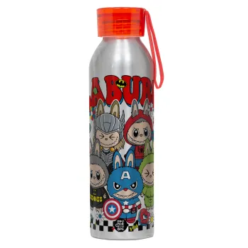 Labubu superheroes, Αλουμινένιο Αθλητικό Μπουκάλι 650ml – Ασημί με Κόκκινο Καπάκι και Λουράκι Σιλικόνης