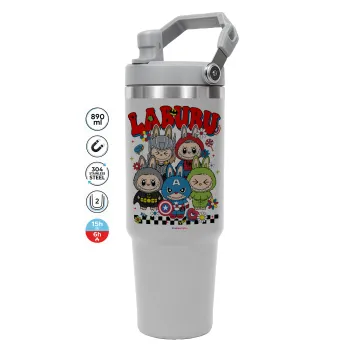 Labubu superheroes, ΓΚΡΙ χρώματος Θερμός Ανοξείδωτο 890ml (30oz) με χερούλι