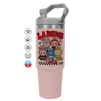 Labubu superheroes, ΡΟΖ χρώματος Θερμός Ανοξείδωτο 890ml (30oz) με χερούλι