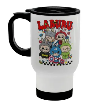 Labubu superheroes, Stainless steel travel mug with lid, double wall white 450ml