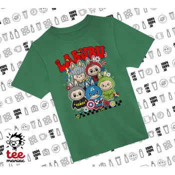Labubu superheroes, Άνετο παιδικό T-Shirt ΠΡΑΣΙΝΟ από 100% βαμβάκι, για κάθε μέρα. Vegan & OEKO-TEX πιστοποιημένο.