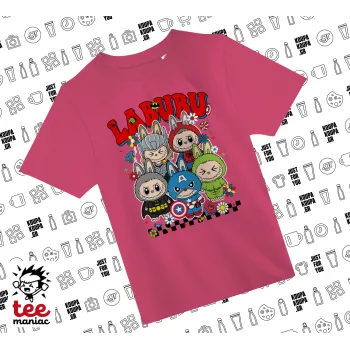 Labubu superheroes, ΡΟΖ παιδικό T-Shirt από 100% βαμβάκι, για κάθε μέρα. Vegan & OEKO-TEX πιστοποιημένο.