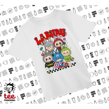 Labubu superheroes, Άνετο παιδικό T-Shirt ΛΕΥΚΟ από 100% βαμβάκι, για κάθε μέρα. Vegan & OEKO-TEX πιστοποιημένο.