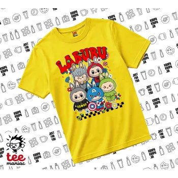 Labubu superheroes, yellow childrens T-Shirt made of 100% cotton, for every day. Vegan & OEKO-TEX certified.