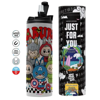 Labubu superheroes, Tumbler ποτήρι θερμό ΓΚΡΙ από ανοξείδωτο ατσάλι 600ml