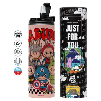 Labubu superheroes, Tumbler ποτήρι θερμό ΡΟΖ από ανοξείδωτο ατσάλι 600ml