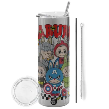 Labubu superheroes, Tumbler ποτήρι θερμό Ασημένιο από ανοξείδωτο ατσάλι 600ml, με μεταλλικό καλαμάκι & βούρτσα καθαρισμού