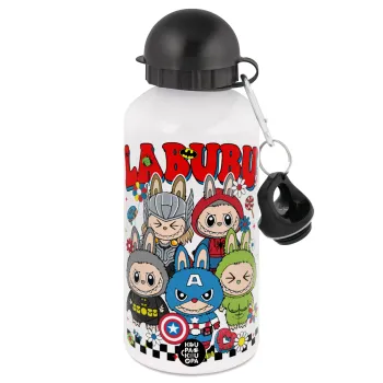 Labubu superheroes, Μεταλλικό παγούρι νερού, Λευκό, αλουμινίου 500ml