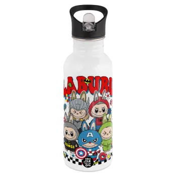Labubu superheroes, White water bottle with straw, stainless steel 600ml