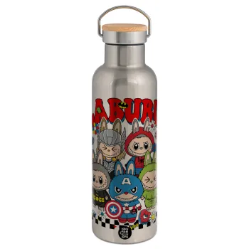 Labubu superheroes, Stainless steel Silver with wooden lid (bamboo), double wall, 750ml