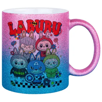 Labubu superheroes, Κούπα Χρυσή/Μπλε Glitter, κεραμική, 330ml