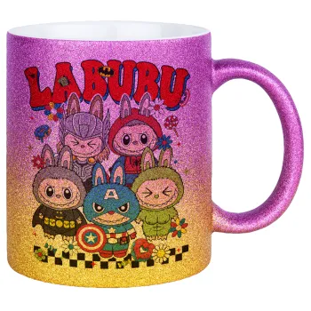 Labubu superheroes, Κούπα Χρυσή/Ροζ Glitter, κεραμική, 330ml
