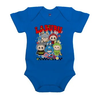 Labubu superheroes, Βρεφικό φορμάκι μωρού, Μπλε Κοβαλτίου, 100% Organic Cotton, κοντομάνικο