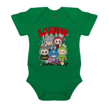Labubu superheroes, Βρεφικό φορμάκι μωρού, ΠΡΑΣΙΝΟ, 100% Organic Cotton, κοντομάνικο