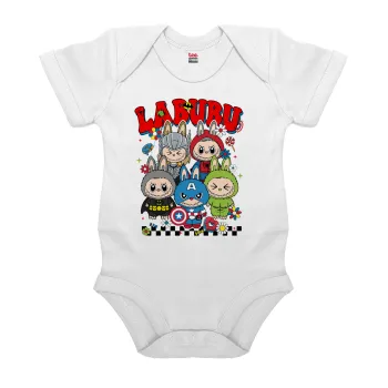 Labubu superheroes, Βρεφικό φορμάκι μωρού, 0-24 μηνών, ΛΕΥΚΟ, 100% Organic Cotton, κοντομάνικο