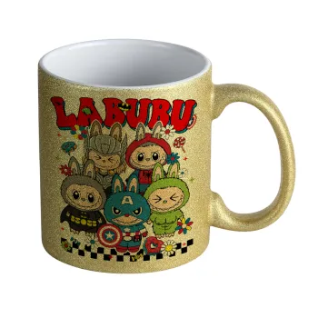 Labubu superheroes, Κούπα Χρυσή Glitter που γυαλίζει, κεραμική, 330ml